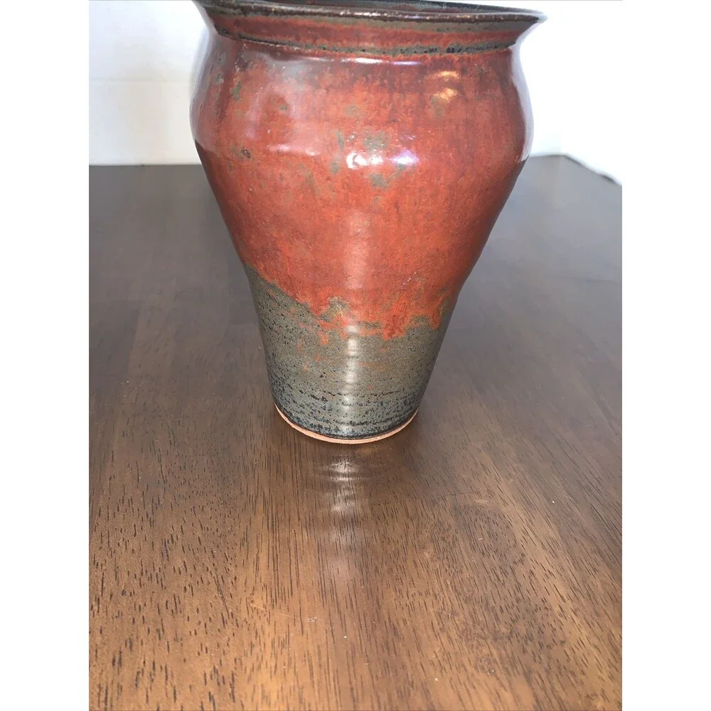 Deep Red & Blue Hand  Thrown Studio Art Pottery Pot Vase artist signed CB ‘92